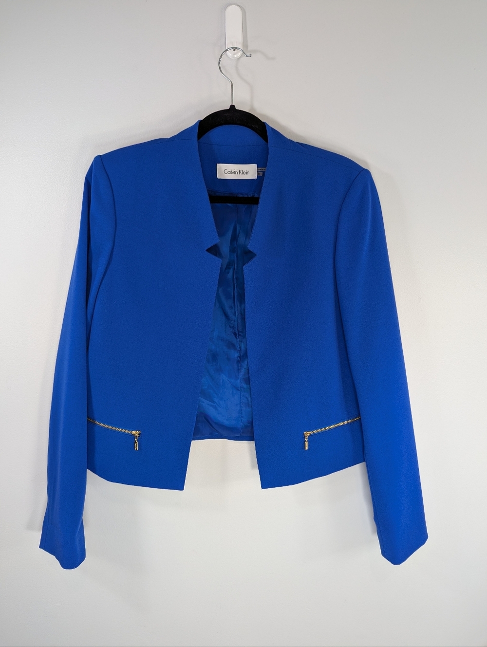 Calvin Klein Royal Blue Cropped Blazer Open Front Gold Zipper Detail Size 8